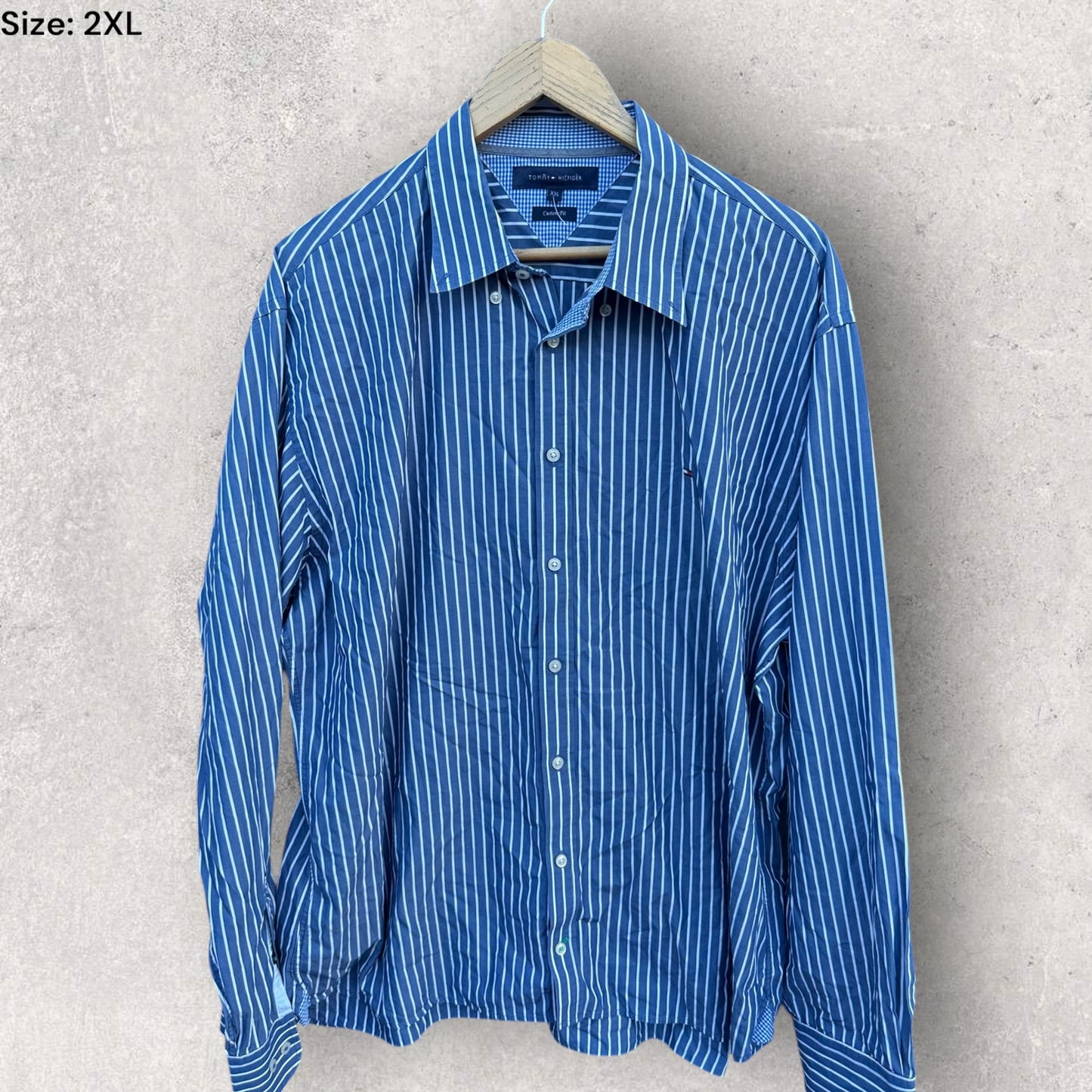 TOMMY HILFIGER BLUE & WHITE PINSTRIPED LONG SLEEVE BUTTON UP SHIRT