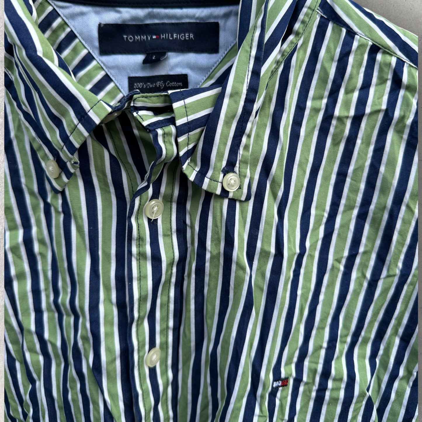 TOMMY HILFIGER GREEN & BLUE STRIPPED DRESS SHIRT