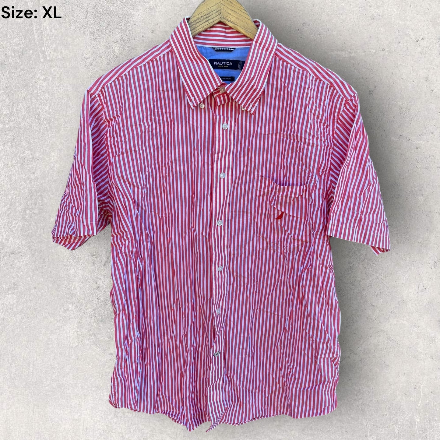 Nautica Short Sleeve Button Up Red & White Shirt