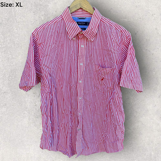 Nautica Short Sleeve Button Up Red & White Shirt