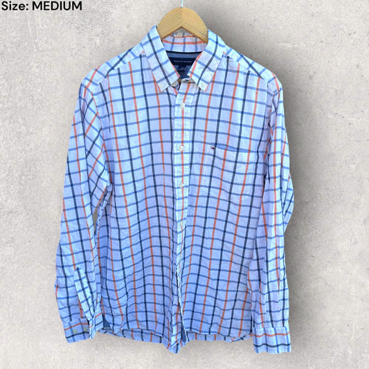 TOMMY HILFIGER WHITE CHECKERED LONG SLEEVE BUTTON UP DRESS SHIRT