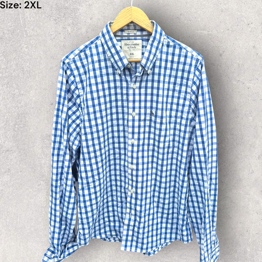 ABERCROMBIE & FITCH MENS BLUE & WHITE CHECKERED LONG SLEEVE BUTTON UP MUSCLE SHIRT