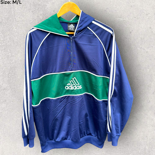 ADIDAS VINTAGE GREEN & BLUE HALF ZIP HOODED JACKET