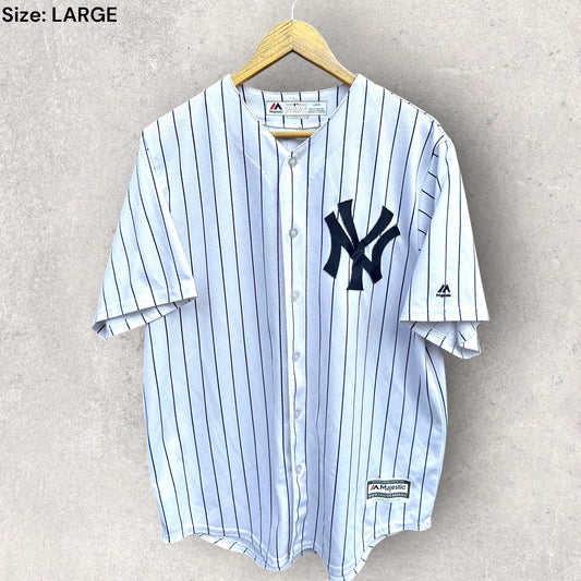 NEW YORK YANKEES MAJESTIC WHITE PINSTRIPPED MLB JERSEY