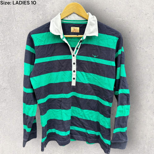 RM WILLIAMS LADIES GREEN & BLUE LONG SLEEVE JERSEY POLO