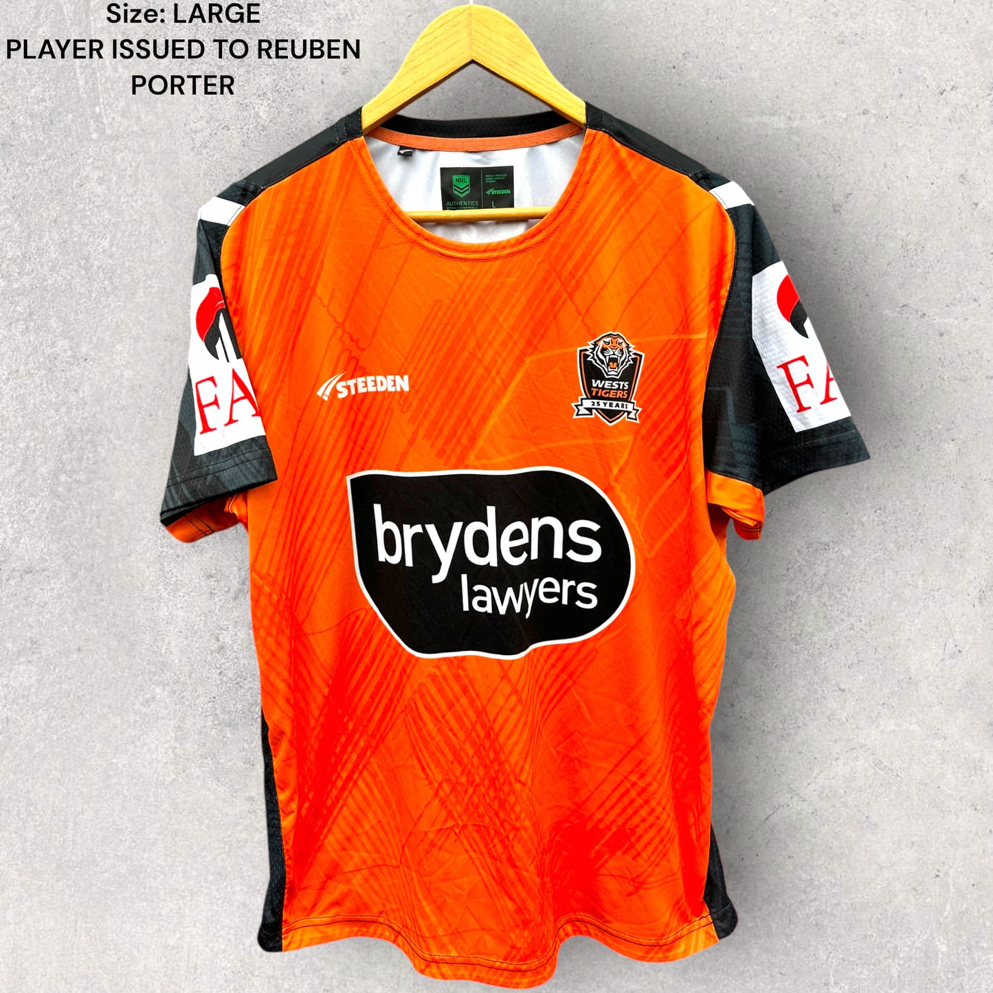 WESTS TIGERS 2024 TRAINING SHIRT WORN + ISSUED TO REUBEN PORTER