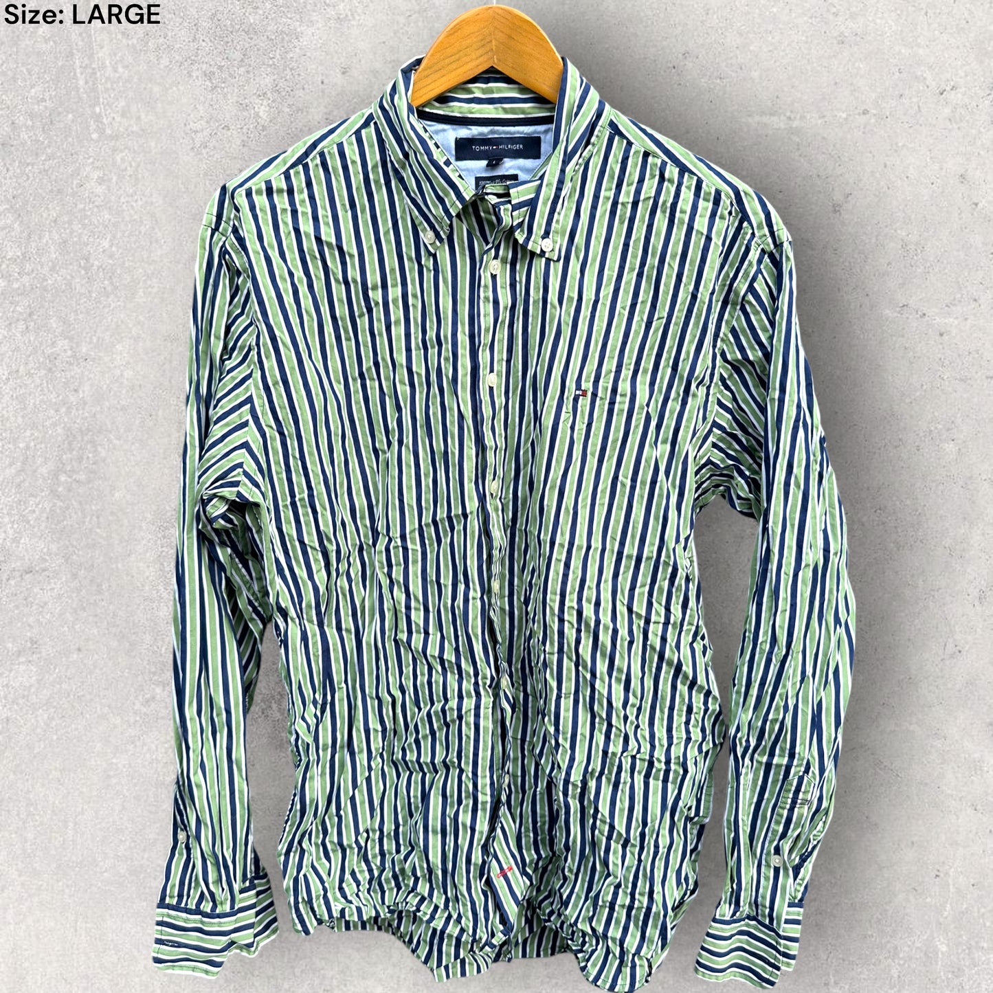 TOMMY HILFIGER GREEN & BLUE STRIPPED DRESS SHIRT