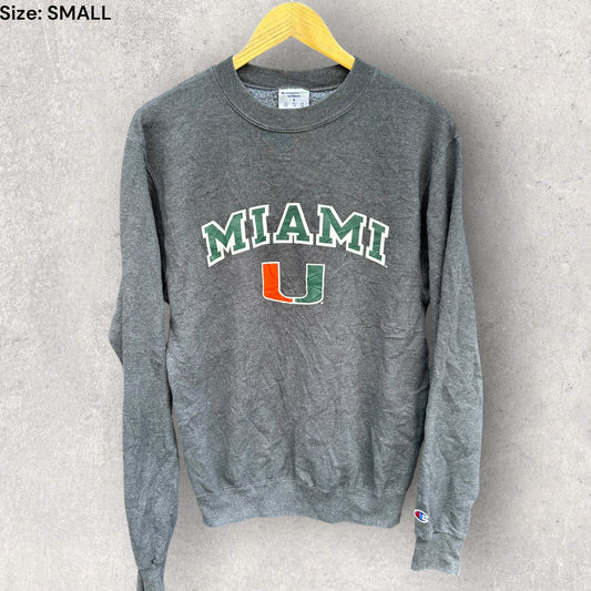 MIAMI HURRICANES UNIVERSITY CHAMPION VINTAGE GREY CREW NECK JUMPER