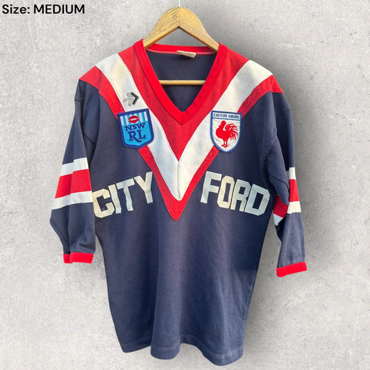 SYDNEY ROOSTERS 1980s CITY FORD PEERLESS COTTON 3/4 SLEEVE RUGBY LEAGUE JERSEY