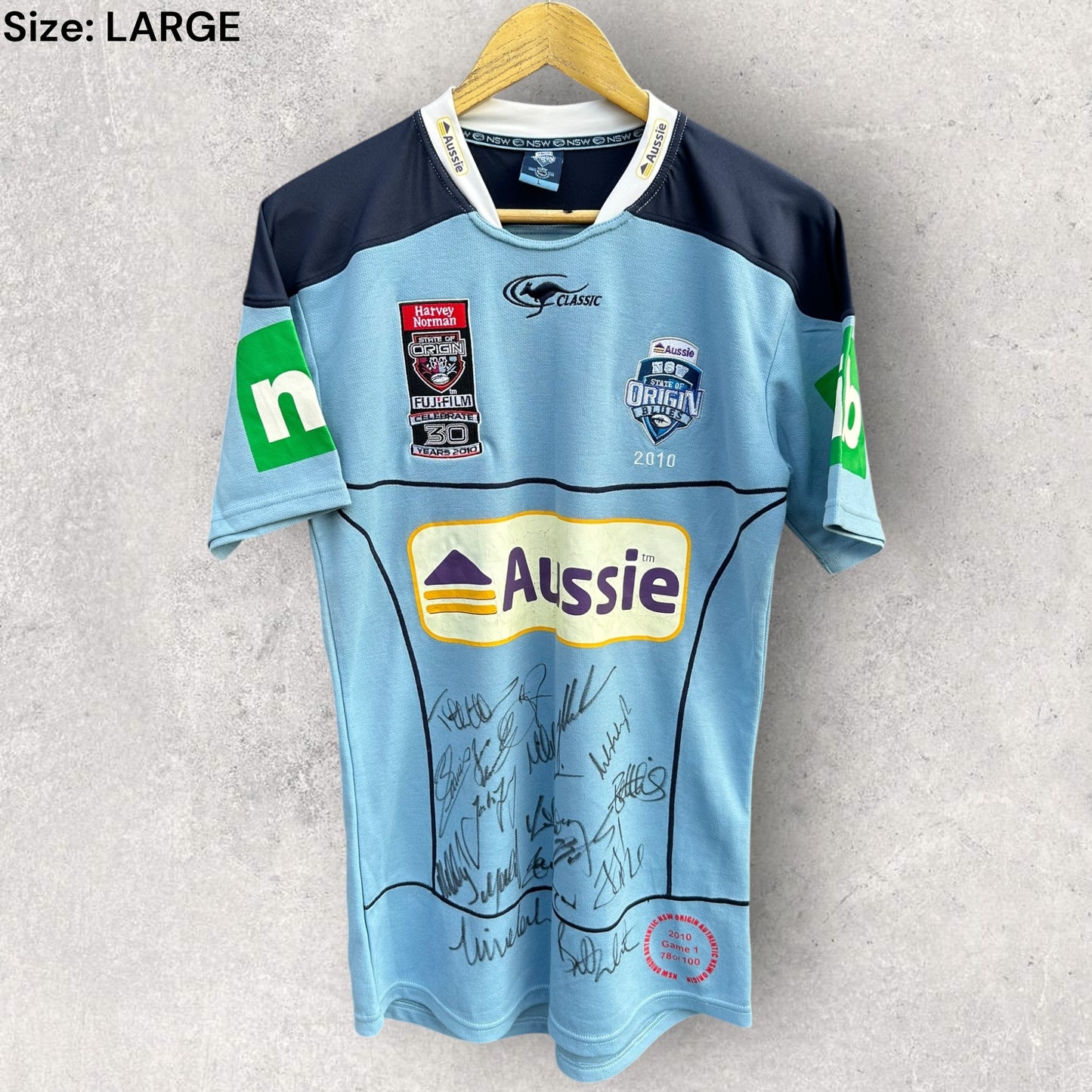 NSW BLUES 2010 ELITE PLAYER CUT JERSEY SIGNED BY SQUAD 78/100
