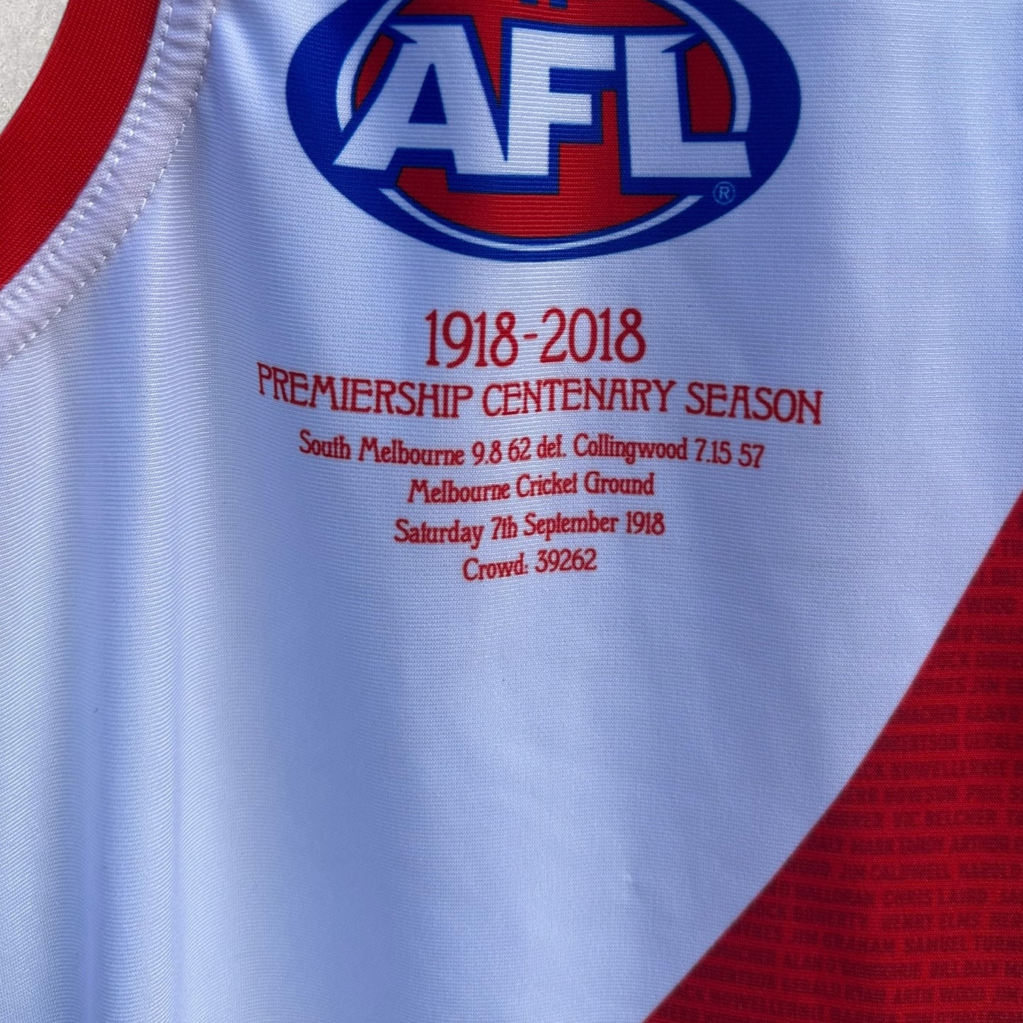 SYDNEY SWANS 2018 ISC HERITAGE 100 YEAR ANNIVERSARY PLAYER ISSUED GUERNSEY