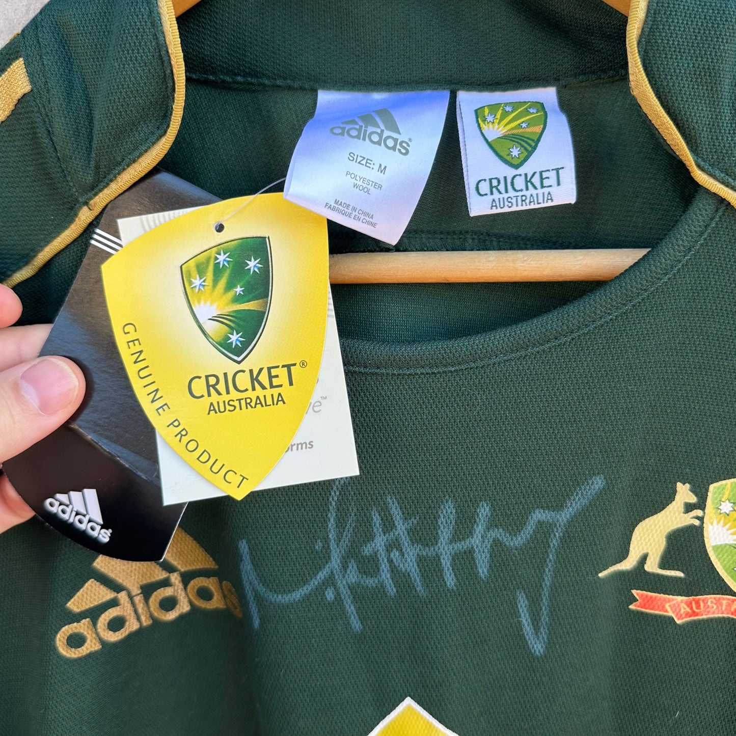 CRICKET AUSTRALIA ONE DAY INTERNATIONAL ADIDAS JERSEY SIGNED BY MILE HUSSEY NEW WITH TAGS