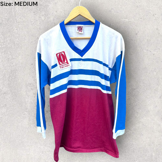 QUEENSLAND RUGBY LEAGUE 1980s VINTAGE GOODFELLOWS LONG SLEEVE COTTON JERSEY