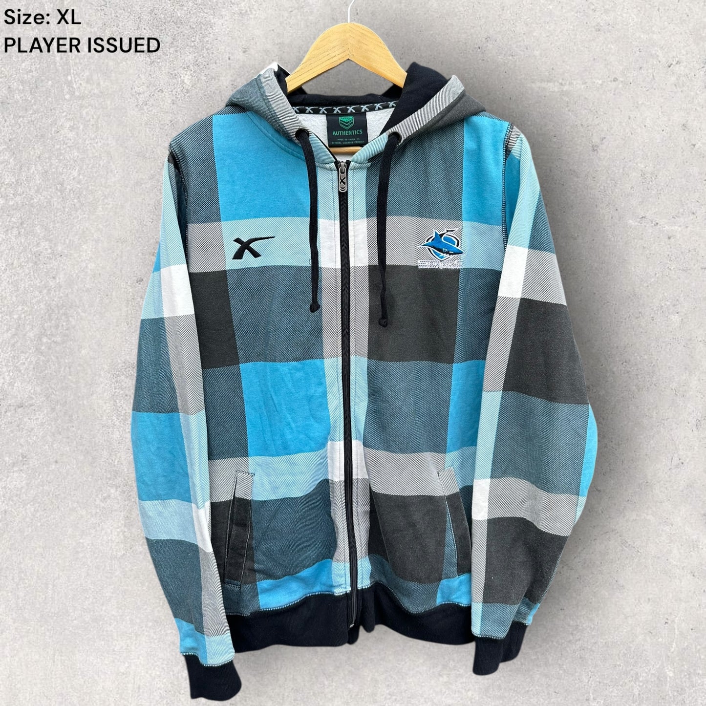 CRONULLA SHARKS X-BLADES TARTAN HOODED JACKET PLAYER ISSUED