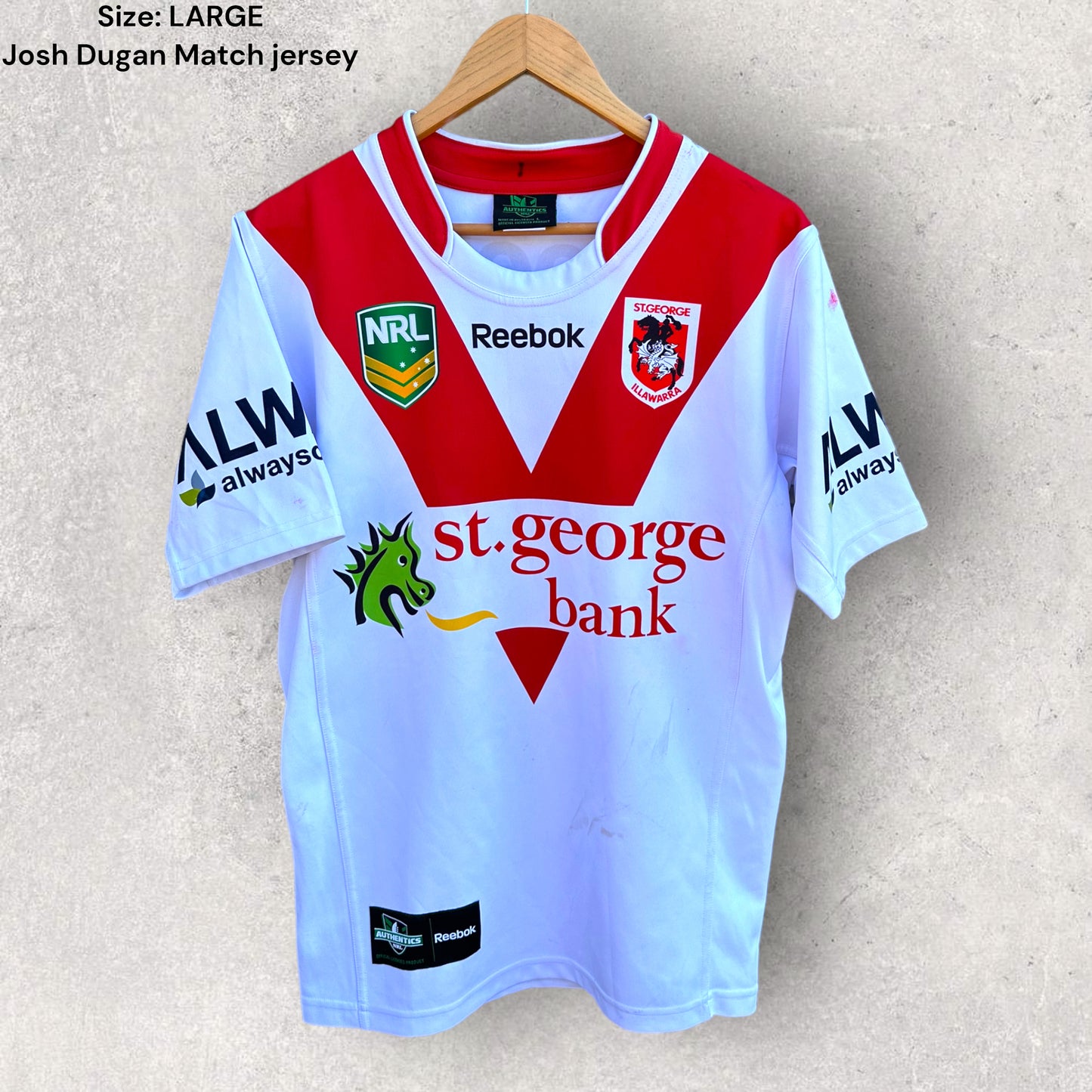 JOSH DUGAN ST GEORGE ILLAWARRA DRAGONS 2013 HOME MATCH WORN JERSEY