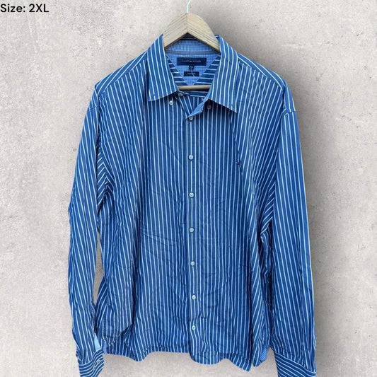 TOMMY HILFIGER BLUE & WHITE PINSTRIPED LONG SLEEVE BUTTON UP SHIRT