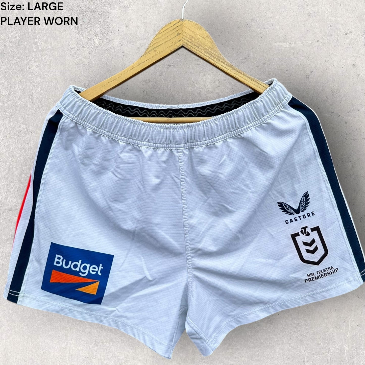 SYDNEY ROOSTERS 2024 CASTORE WHITE MATCH WORN SHORTS