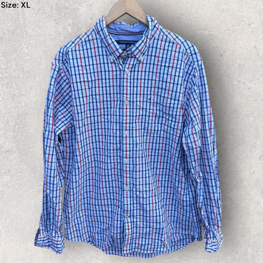 TOMMY HILFIGER LONG SLEEVE WHITE BUTTON UP CHECKERED SHIRT