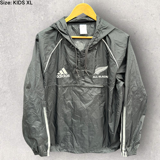 NEW ZEALAND ALL BLACKS ADIDAS KIDS HALF ZIP BLACK WINDBREAKER HOODED JACKET