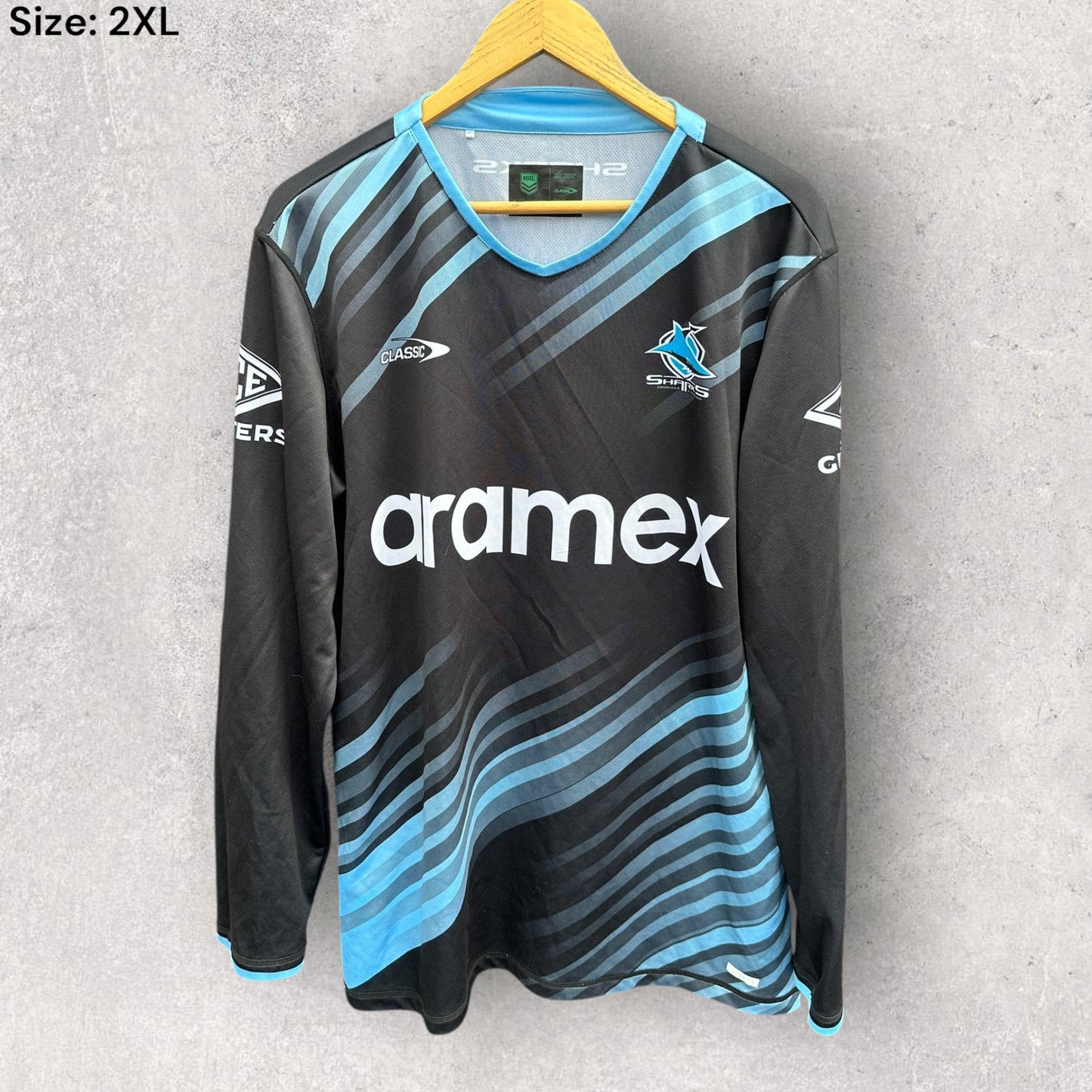 CRONULLA SHARKS 2024 CLASSIC LONG SLEEVE TRAINING SHIRT ISSUED TO TOM HAZLETON