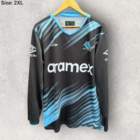 CRONULLA SHARKS 2024 CLASSIC LONG SLEEVE TRAINING SHIRT ISSUED TO TOM HAZLETON
