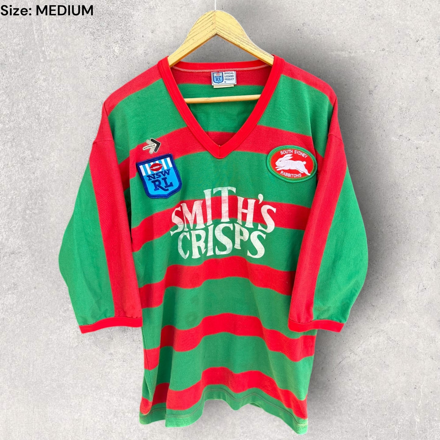 SOUTH SYDNEY RABBITOHS VINTAGE NSWRL SMITHS CRISPS COTTON 3/4 SLEEVE JERSEY
