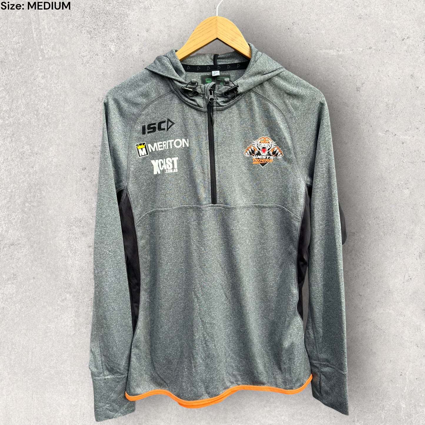 WESTS TIGERS ISC HALF ZIP GREY HOODED TRAINING TOP