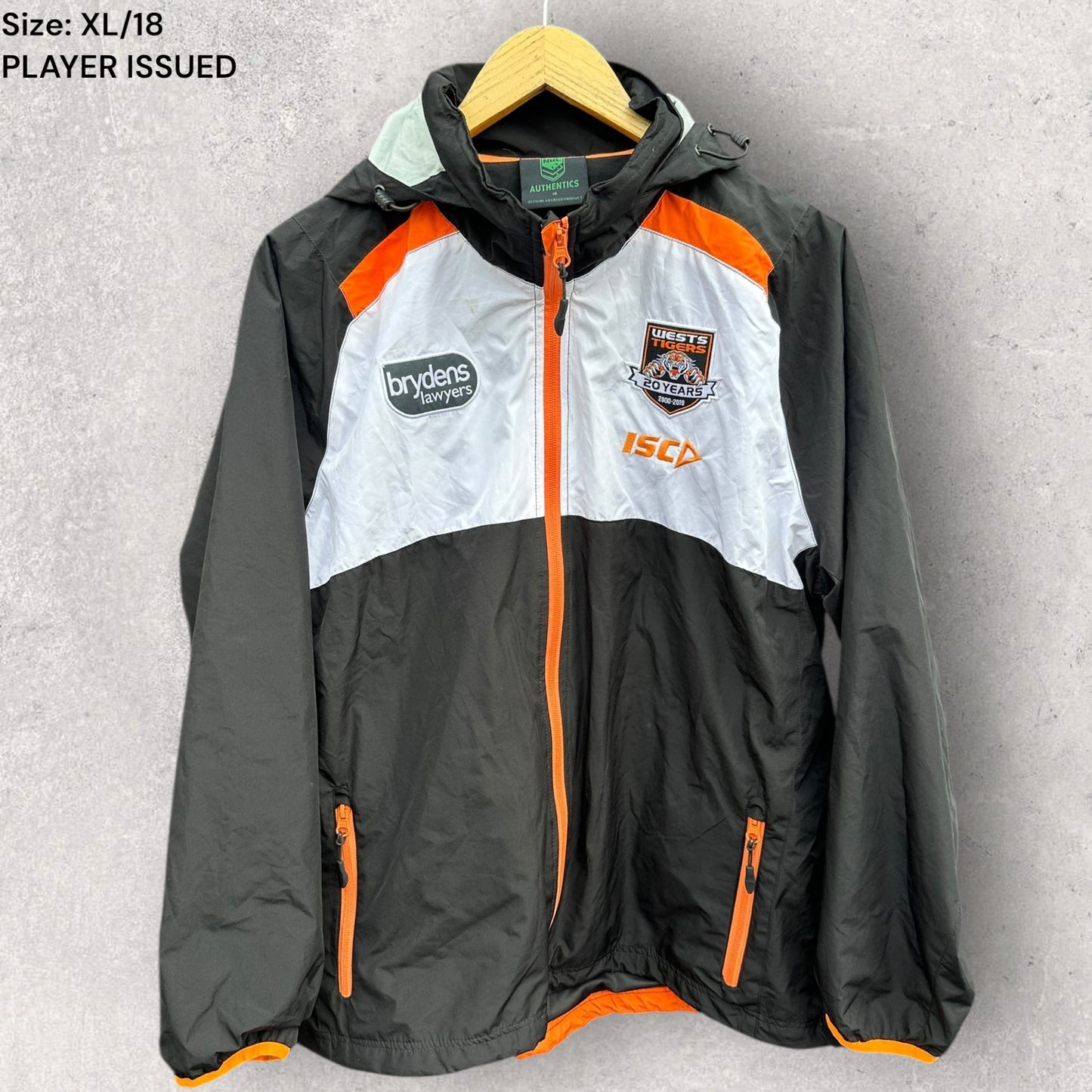 WESTS TIGERS 2019 WINDBREAKER HOODED JACKET PLAYER ISSUED