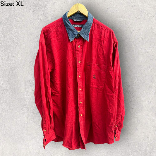 NAUTICA VINTAGE RED LONG SLEEVE BUTTON UP SHIRT