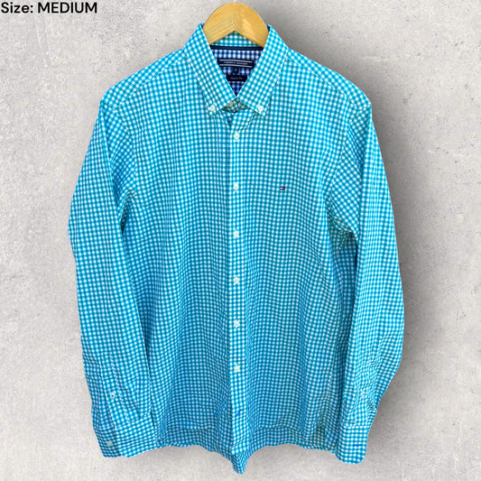 TOMMY HILFIGER GREEN & WHITE CHECKERED LONG SLEEVE BUTTON UP DRESS SHIRT