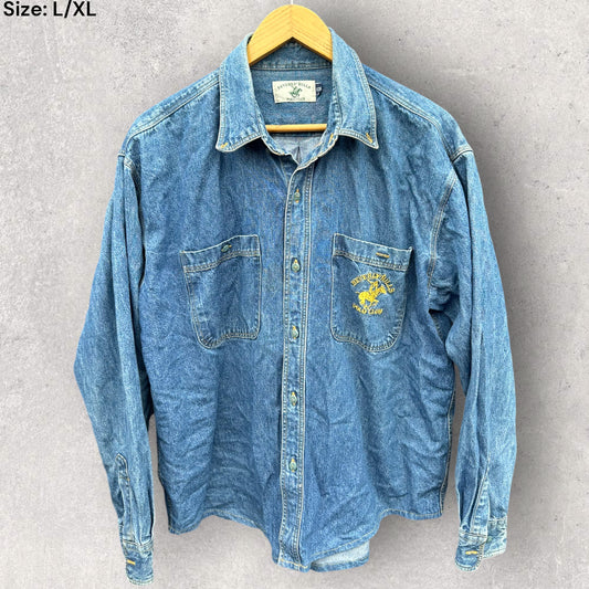 BEVERLY HILLS POLO CLUB BLUE DENIM LONG SLEEVE BUTTON UP SHIRT
