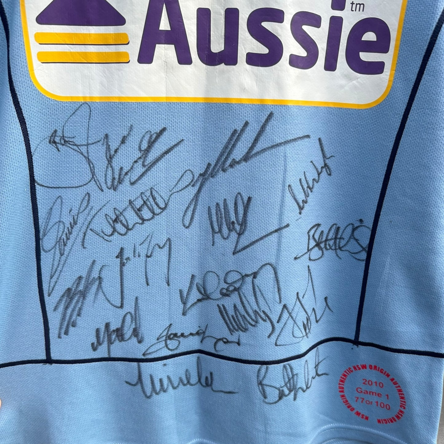 NSW BLUES 2010 ELITE PLAYER CUT JERSEY SIGNED BY SQUAD 77/100