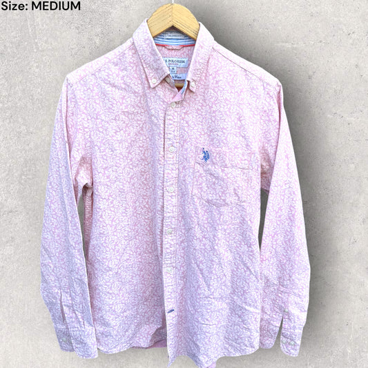 US POLO ASSASSIN PINK & WHITE LONG SLEEVE BUTTON UP SHIRT