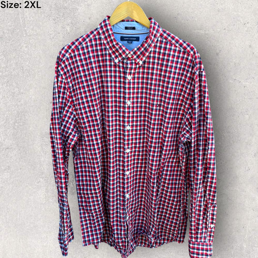 TOMMY HILFIGER LONG SLEEVE RED CHECKERED BUTTON UP SHIRT