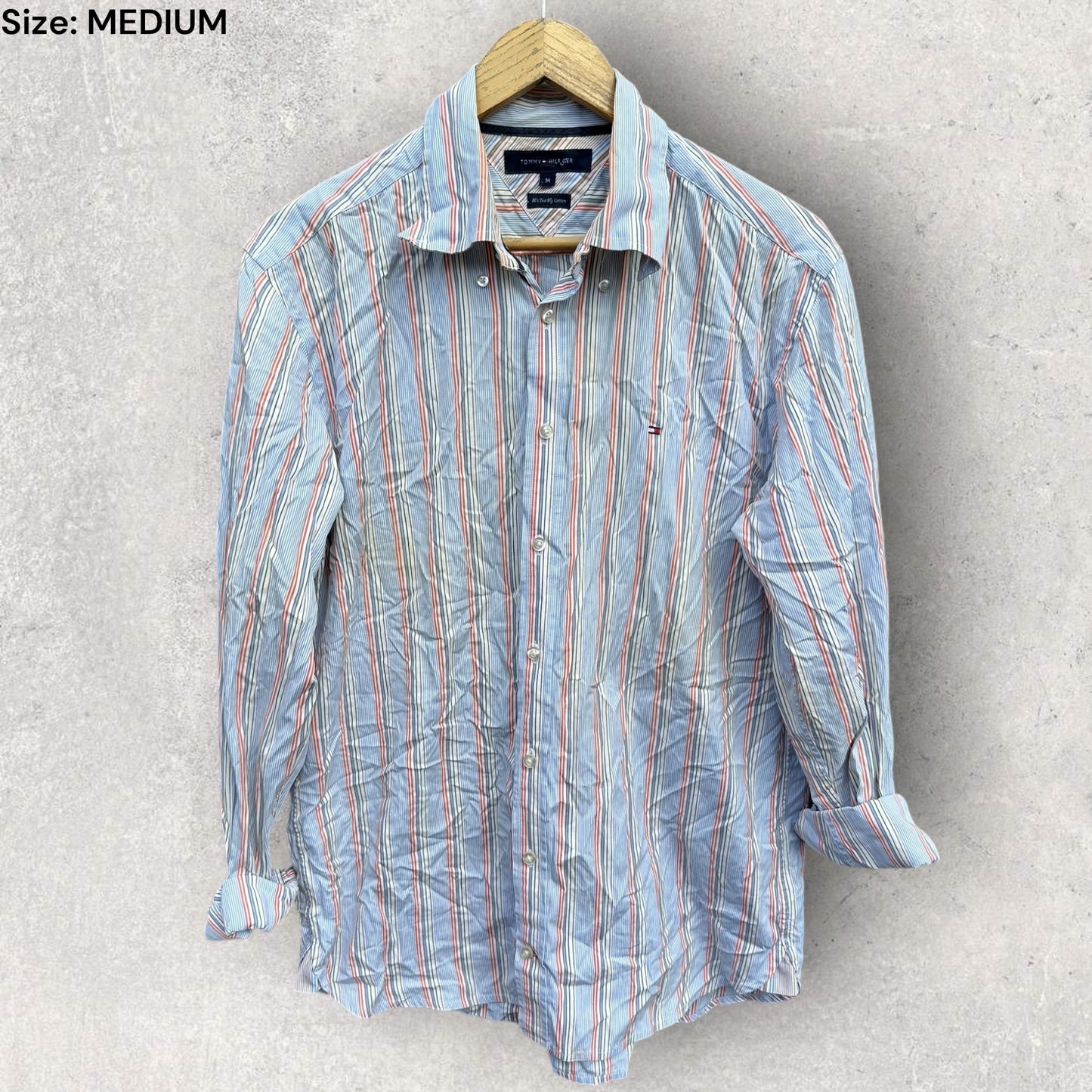 TOMMY HILFIGER BLUE STRIPPED LONG SLEEVE BUTTON UP SHIRT