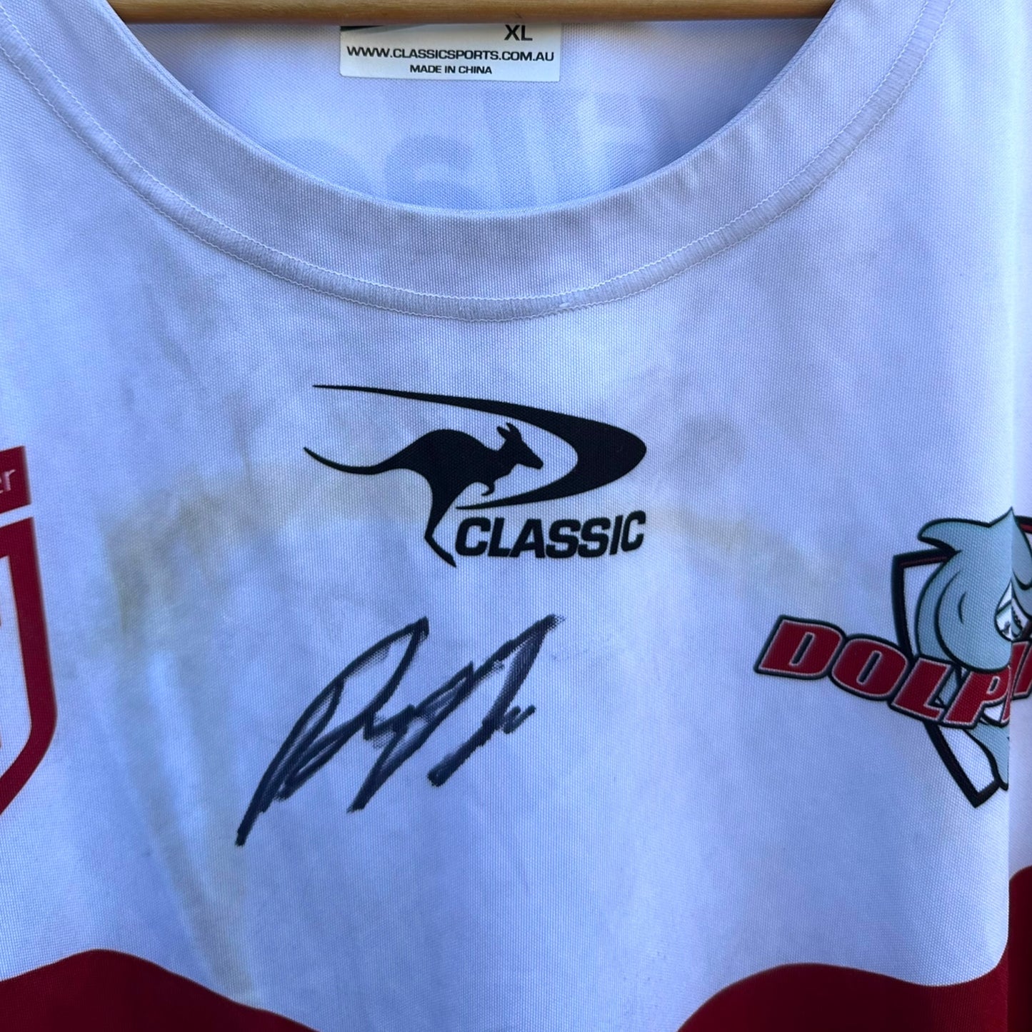 REDCLIFFE DOLPHINS PRESTON RIKI MATCH WORN + SIGNED HOSTPLUS CUP JERSEY