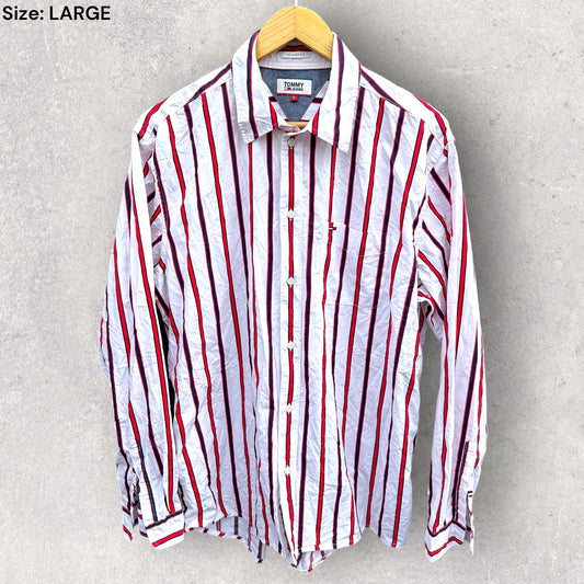 TOMMY HILFIGER RED & WHITE STRIPPED LONG SLEEVE BUTTON UP SHIRT