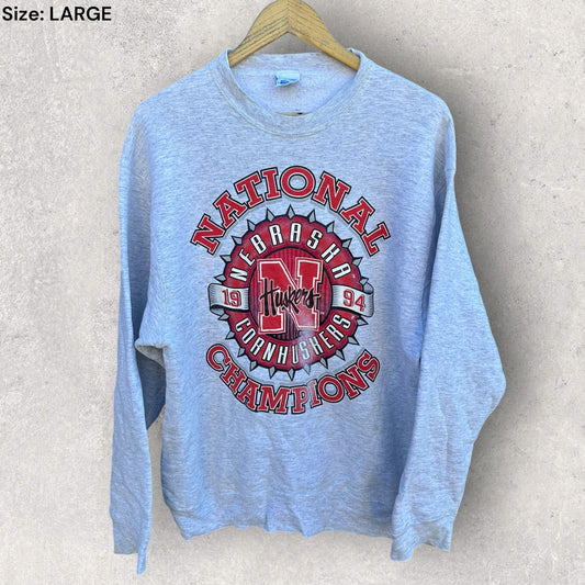 NEBRASKA HUSKERS 1994 SALEM VINTAGE GREY PULLOVER NCAA CREW NECK JUMPER