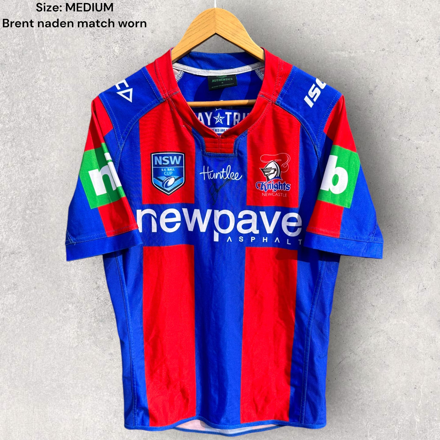 BRENT NADEN NEWCASTLE KNIGHTS SG BALL MATCH WORN + SIGNED JERSEY