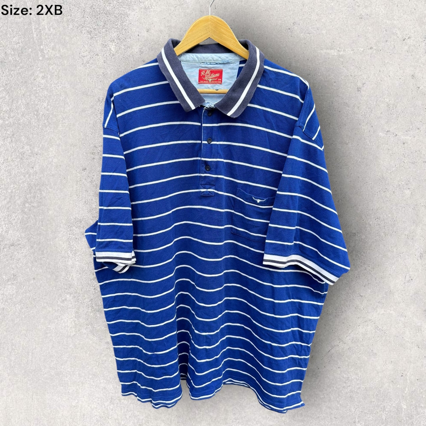 RM WILLIAMS BLUE & WHITE STRIPPED VINTAGE POLO SHIRT