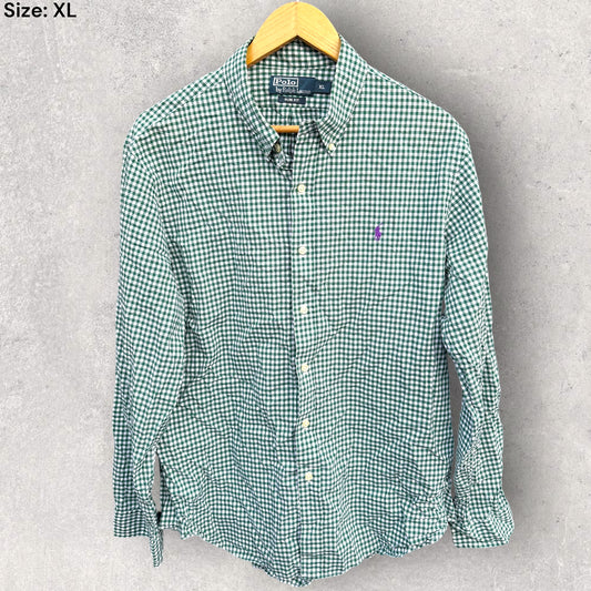 RALPH LAUREN POLO GREEN & WHITE CHECKERED LONG SLEEVE BUTTON UP SHIRT