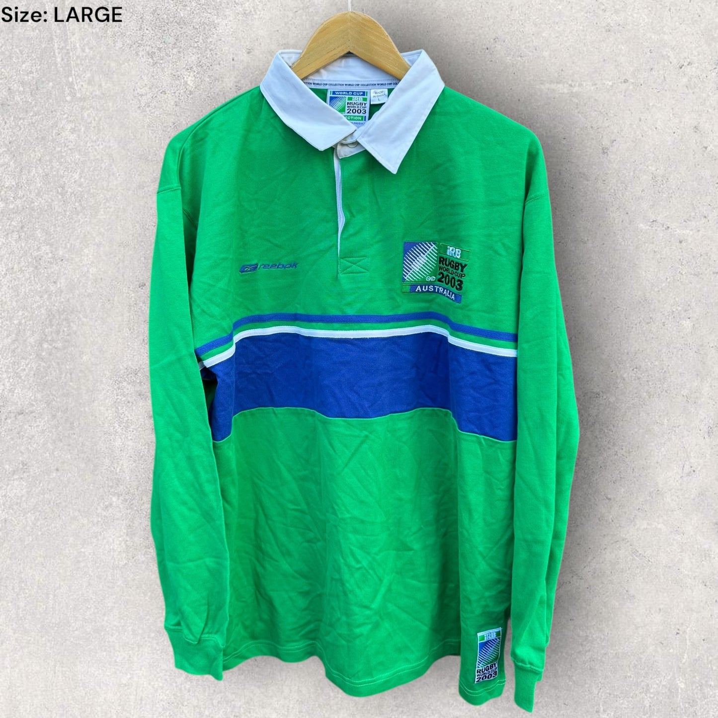RUGBY UNION WORLD CUP COLLECTION 2003 REEBOK GREEN & BLUE LONG SLEEVE VINTAGE JERSEY