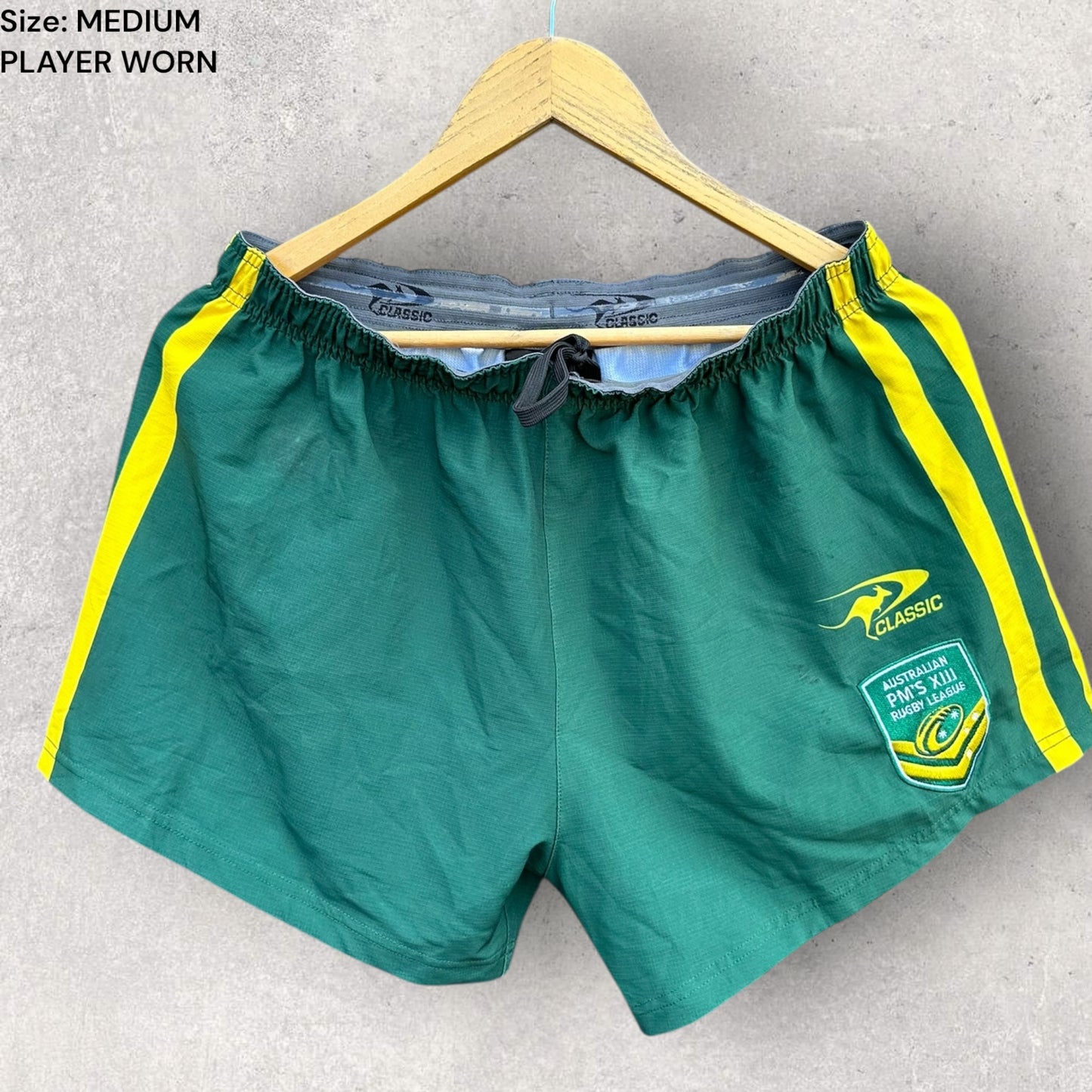 AUSTRALIAN KANGAROOS PM XIII MATCH WORN SHORTS BY DYLAN LUCAS