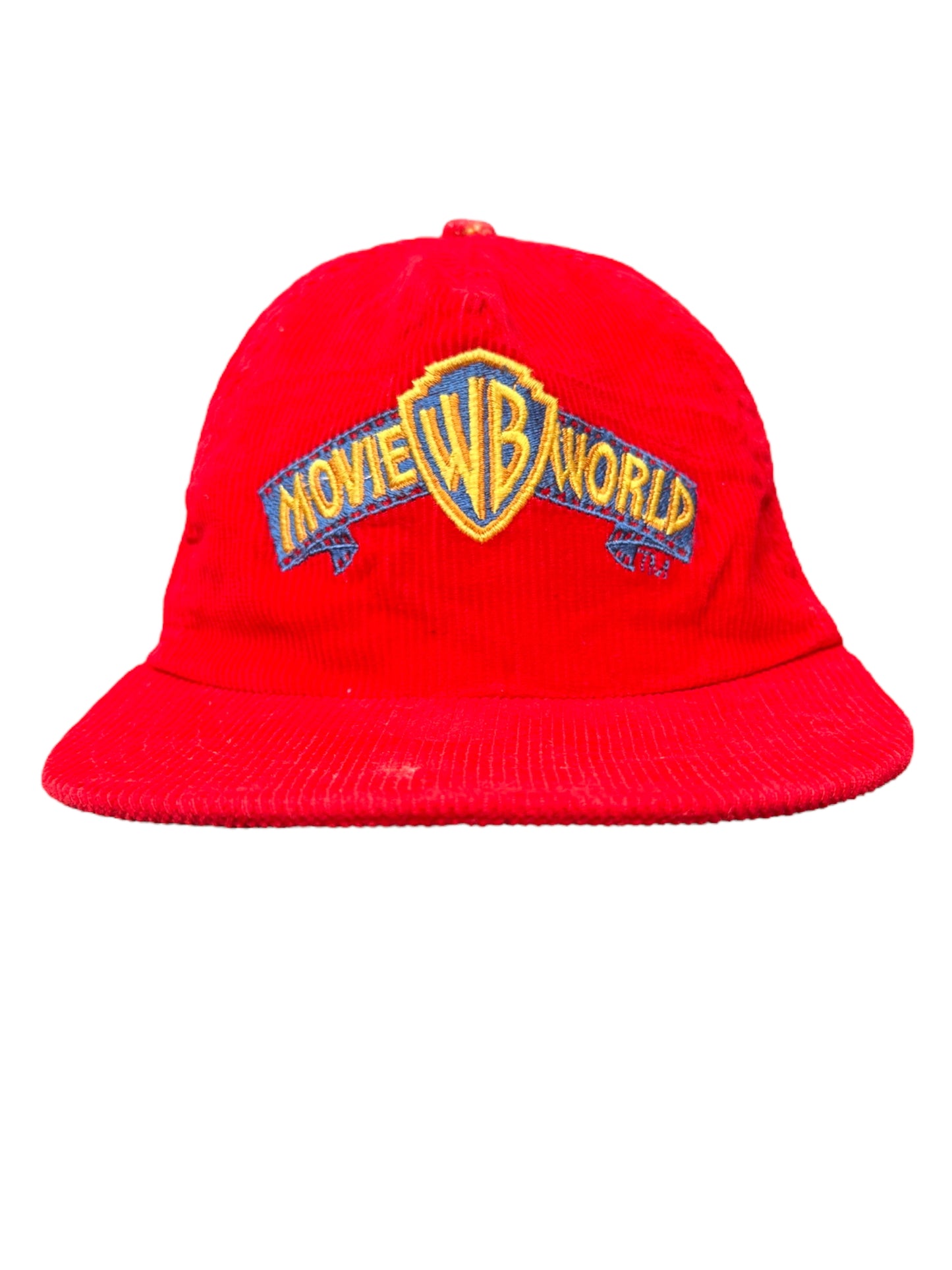 WARNER BROTHERS MOVIE WORLD 1991 RED CORDUROY SNAPBACK VINTAGE HAT