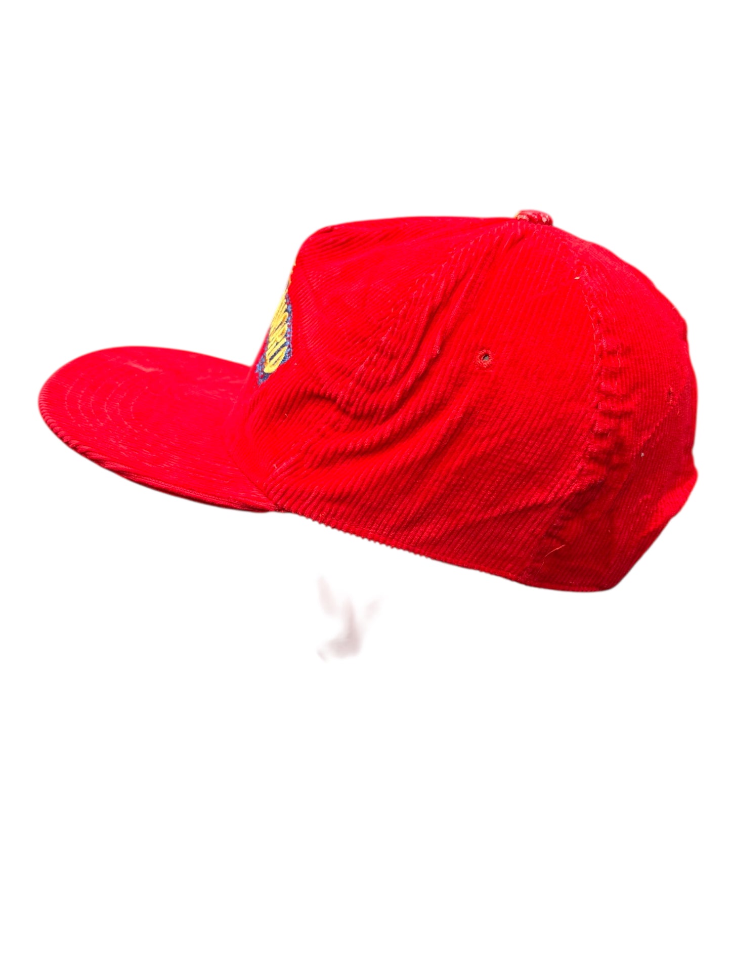 WARNER BROTHERS MOVIE WORLD 1991 RED CORDUROY SNAPBACK VINTAGE HAT