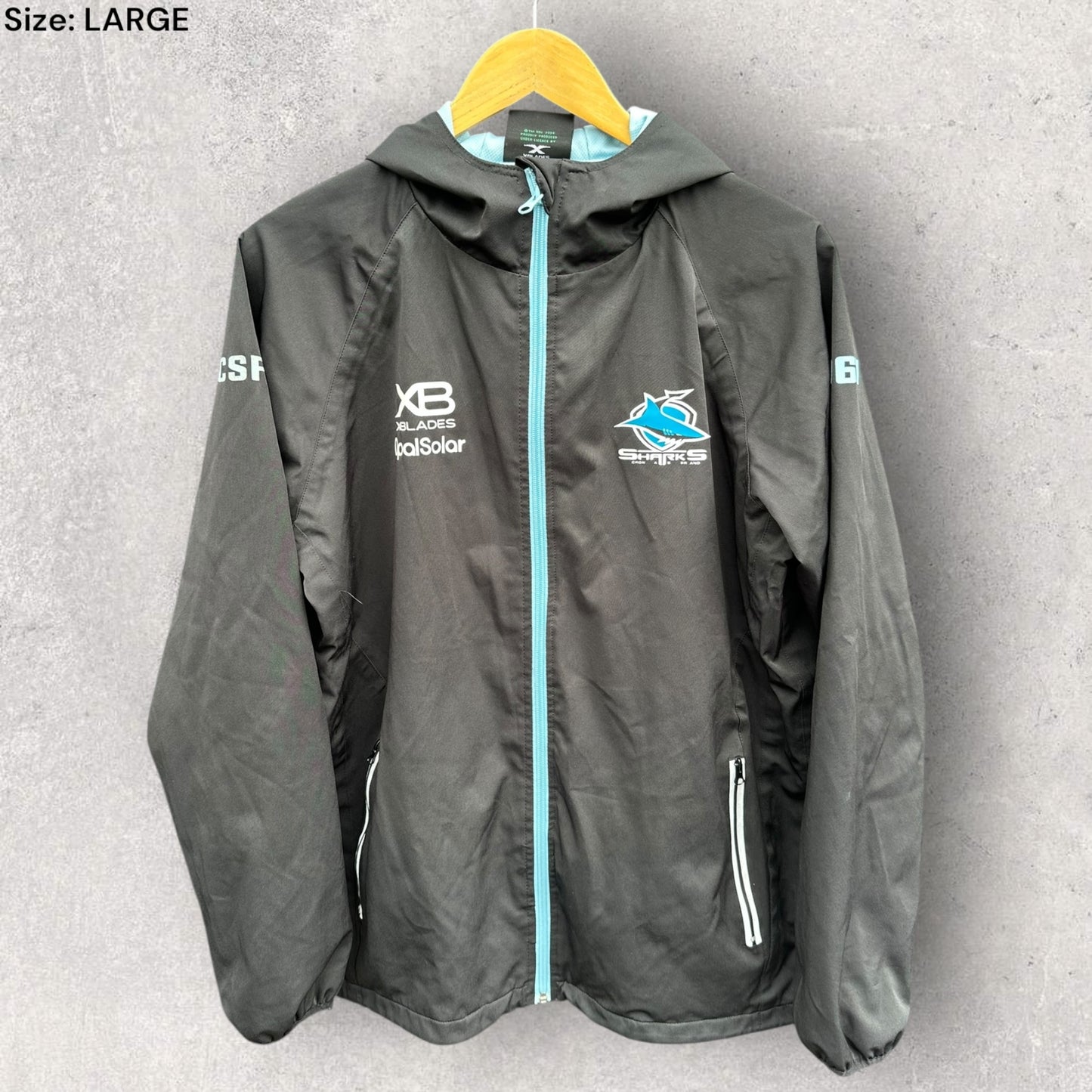 CRONULLA SHARKS X-BLADES BLACK WINDBREAKER HOODED JACKET PLAYER ISSUED