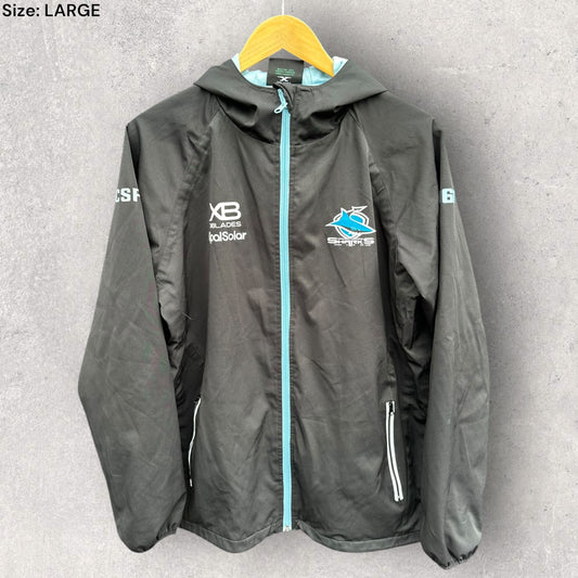 CRONULLA SHARKS X-BLADES BLACK WINDBREAKER HOODED JACKET PLAYER ISSUED