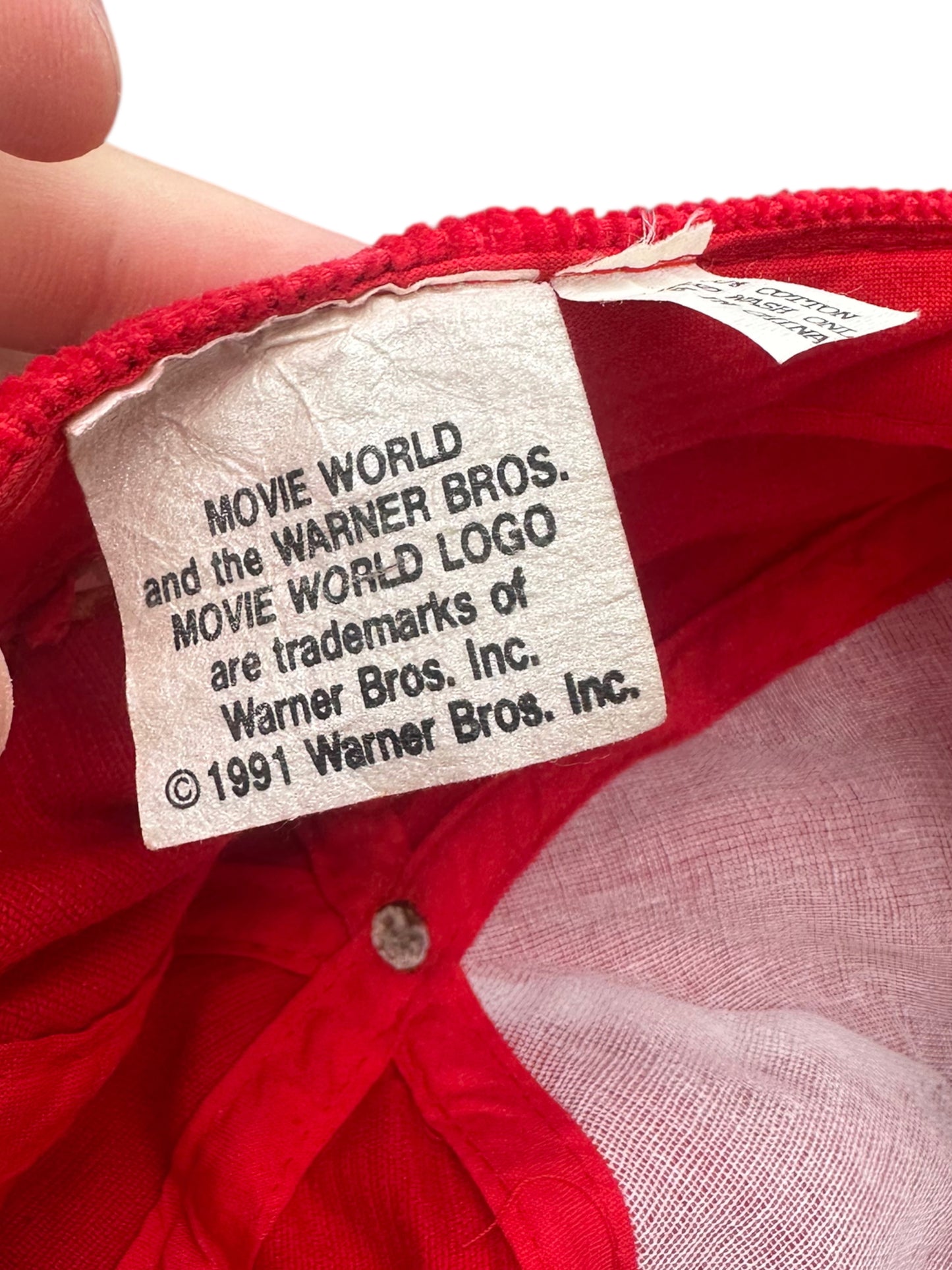 WARNER BROTHERS MOVIE WORLD 1991 RED CORDUROY SNAPBACK VINTAGE HAT