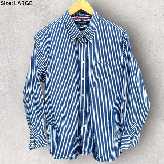 TOMMY HILFIGER BLUE & WHITE STRIPPED BUTTON UP LONG SLEEVE SHIRT