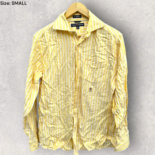 TOMMY HILFIGER MENS YELLOW STRIPPED 80s DESIGN LONG SLEEVE BUTTON UP SHIRT